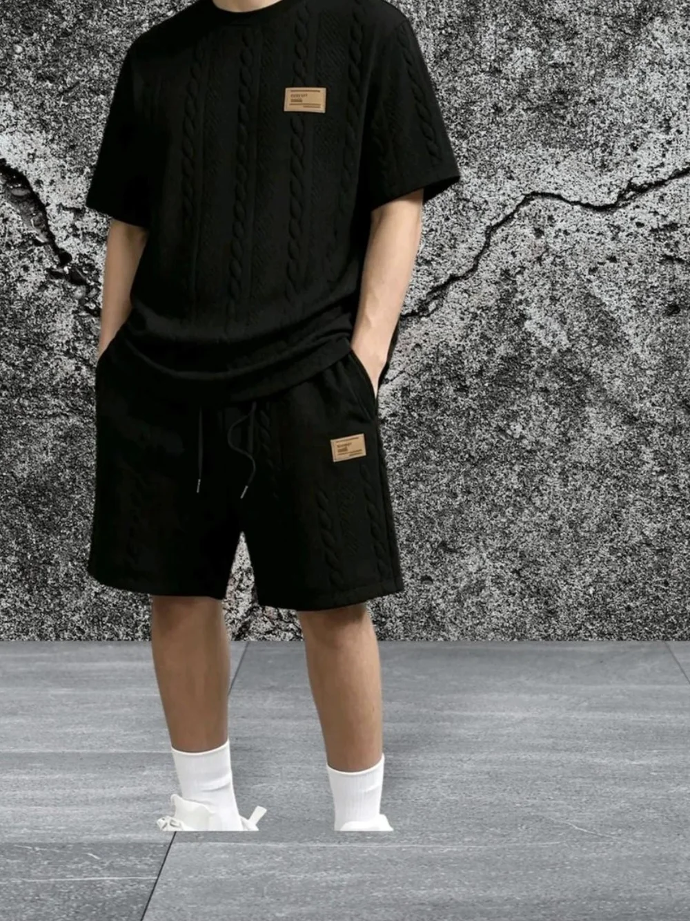 Men's Black Cable-Knit Athletic Drawstring Shorts